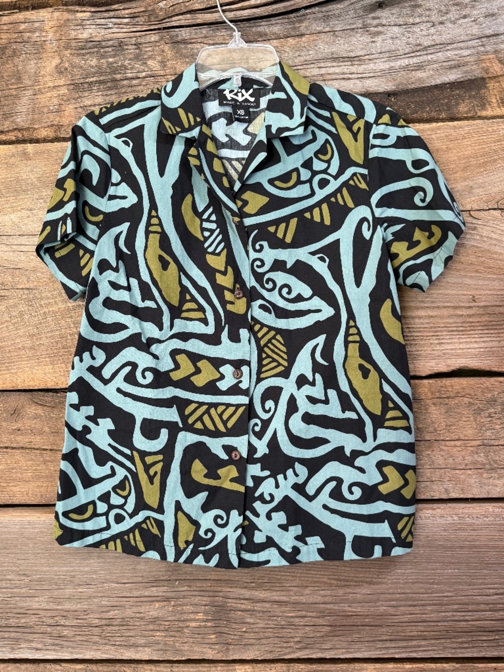Rix Hawaiian Print‎ Cotton Shirt Women XS Black Green Teal Tropical R718